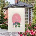 Bandiera da giardino in lino con simpatiche piante grasse e supporto in metallo nero - Stile Composizione di Succulente su Sfondo Rosa