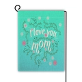 Blue linen garden flag with I Love You Mom floral print and black metal stand - Teal Blue Tone Aesthetic Floral Style (14)