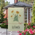 Garden flag with frog and life is beautiful text on a black metal pole outdoors - Frog Holding Flower Style