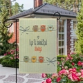 Outdoor garden flag with cartoon owls and life is beautiful always script on blue stripes - Six Cartoon Owls Style