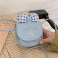 Sky blue kids mini crossbody bag with a plaid bow and cute cat embroidery detail - Blue