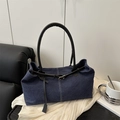 Borsa tote in denim blu scuro retrò con manici in pelle e dettagli di cuciture - Blu scuro
