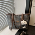 Sac fourre-tout gris vintage avec poignées en cuir marron et pendentif nuage en peluche - Avec Pendentif / Noir