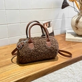 Brown faux shearling cylinder bag with plush texture and leather handles for autumn winter - Brown