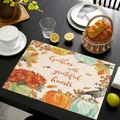 Linen placemat with pumpkin and crow print and Gather with grateful hearts text - Raven Pumpkin Style