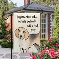 Detail of linen garden flag with beagle watercolor and dog quote in a backyard - Beagle Illustration (5)