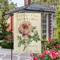 Dettaglio della bandiera da giardino vintage in lino con peonie rosa e scritte francesi - Stile Peonia Campagna Francese (5) / 45*30cm