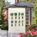 Double-sided linen garden flag with cute cartoon succulents on a black metal stand - Succulent Characters Array Style