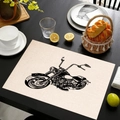 Detail of vintage motorcycle print on linen garden flag placed on a wooden table - Harley Style Line Art Motorcycle Style / 45*30cm