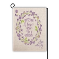 Linen Mother's Day garden flag featuring purple floral wreath and black metal stand - Purple Flower Wreath Blessing Style (19)