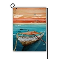 Bandiera da giardino in lino con design artistico di barca su acqua blu del lago - Barca di Legno al Tramonto (15)