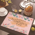 Linen placemat with pink Happy Mother's Day floral print on a dark wooden dining table - Pink Colorful Berries (Style 17)