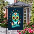 Day of the Dead sugar skull garden flag with metal stand displayed in a lush backyard - Dark Blue Sugar Skull Style (1) / 45x30cm