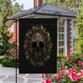 Detail of double-sided linen garden flag with skull and rose gothic pattern in garden - Black Gold Rose Skull Style (4) / 45x30cm