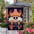 Detail of double-sided linen garden flag with skull and marigold for Day of the Dead decor - Sombrero Skull with Candles Style / 45*30cm
