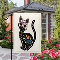 Detail of Day of the Dead garden flag with black cat skeleton and floral patterns - Beige Skeleton Cat Style / 45*30cm