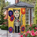 Detail of Day of the Dead garden flag with sugar skull cat and vibrant floral design - Yellow Floral Skull Cat Style / 45*30cm