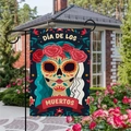 Detailed double-sided linen garden flag showing vibrant Day of the Dead skull and roses - Dark Blue Catrina Skull Style / 45*30cm
