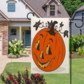 Detail of double-sided linen Halloween garden flag with pumpkin face design for outdoors - Smiling Jack-O-Lantern Style (4)