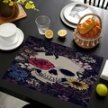 Linen placemat featuring a skull and floral pattern on a dark purple background - Style-8 (Rose Sunflower Skull)