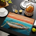Sottopiatto in lino con stampa a olio barca al tramonto su tavolo in legno - Stile 15