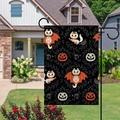 Dettaglio bandiera da giardino Halloween con stampe in lino bifacciali gatto e zucca - Stile Gatto Nero Cartoon di Halloween e Zucca