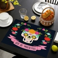 Linen placemat with colorful sugar skull and marigolds for Day of the Dead table decor - Style-9 (Dia De Muertos Ribbon Skull)