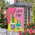 Bandiera da giardino in lino con scritta I Love You e motivo cactus per esterni - Stile Cactus con Messaggio I Love You