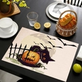 Halloween placemat featuring black cat and pumpkin on dark textured wooden table - Black Cat Pumpkin Design (Style-1)