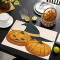 Macro detail of the Halloween linen placemat featuring a witch hat and pumpkin design - Pumpkin Hat Set Style (Style-3)