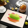 Tovaglietta in lino con cactus a cartone animato e fiori su tavolo in legno nero - Piccolo Cactus Sorridente (Stile-9)