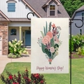 Close-up of linen garden flag with Happy Women's Day text and floral pattern print - Beige Rose Flower Arrangement (Happy Women's Day)
