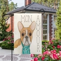 Double-sided linen garden flag with French bulldog and black metal L-shaped stand - Frenchie with Scarf Illustration (11)