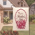 Close-up of Mother's Day garden flag on a metal pole with outdoor backyard scenery - Red Purple Flower Lettering (6)