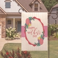 Close-up of double-sided linen Mother's Day garden flag with floral design on metal stand - Wavy Border Rose (8)