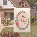 Close-up of double-sided linen Mother's Day garden flag with floral wreath on metal stand - Purple Butterfly Rose Wreath (10)