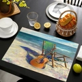 Tovaglietta in lino con stampa pittura a olio spiaggia e chitarra su legno - Stile 20