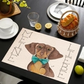 Tovaglietta in lino con bassotto, fiocco blu e scritte nere su tavolo scuro - Stile 10 / 45*30cm