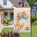 Double-sided linen garden flag featuring happy birthday bouquet for outdoor yard decor - Striped Shirt Hands Holding Tulips (Happy Birthday)