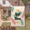 The Best Mom Ever double-sided linen garden flag with black metal hook and yard background - Abstract Block Letter Style (2)