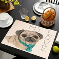 Tovaglietta in lino con illustrazione di carlino e scritta My Love su tavolo in legno - Stile 12 / 45*30cm