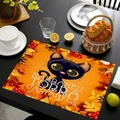 Tovaglietta in lino con gatto nero, foglie di acero e scritte catalane autunnali - Stile Acero Gatto Nero Giallo Arancio (款式-10) / 30*45cm