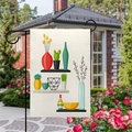 Bandiera da giardino in lino con stampa di cactus e succulente su supporto metallico - Stile Piante in Vaso Artistiche su Scaffale a Più Livelli
