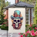 Double-sided linen garden flag with gothic skull and orange rose design for outdoors - Top Hat Skull Style / 45*30cm