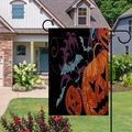 Bandiera da giardino di Halloween in lino bifacciale con motivo gatto zucca e supporto - Stile Pipistrelli Blu e Zucca