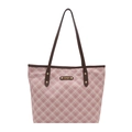 Pink plaid large capacity tote bag with brown faux leather straps and gold metal plaque - Basic Style / Brown