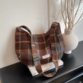 Bolso bandolera retro a cuadros con correa ancha en tejido de lana marrón y naranja - Marrón