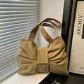 Bolso tote minimalista de lona caqui con lazo decorativo grande y correa ancha al hombro - Caqui