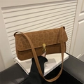 Retro leopard print baguette bag with golden metal buckle and suede texture - Brown