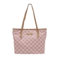 Pink and beige plaid canvas tote bag with brown leather handles and a metal logo plate - Basic Style / Khaki